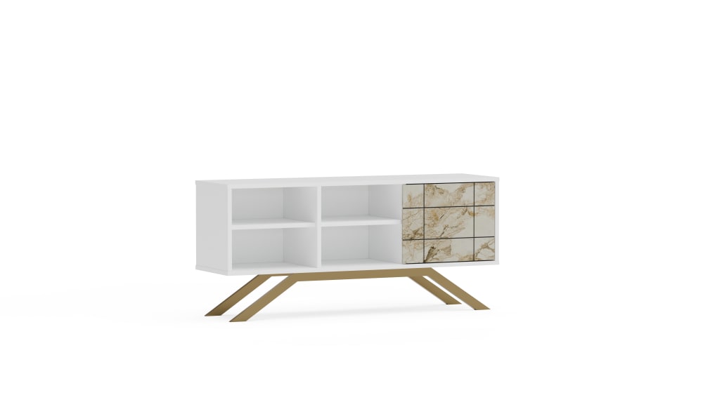 wohnli-moebel-suche-TV-Lowboard-mit-einer-Tuer-und-offenen-Regalen-weiss-und-golden-130-cm Wohnli Möbelsuche - TV Lowboard mit einer Tür und offenen Regalen