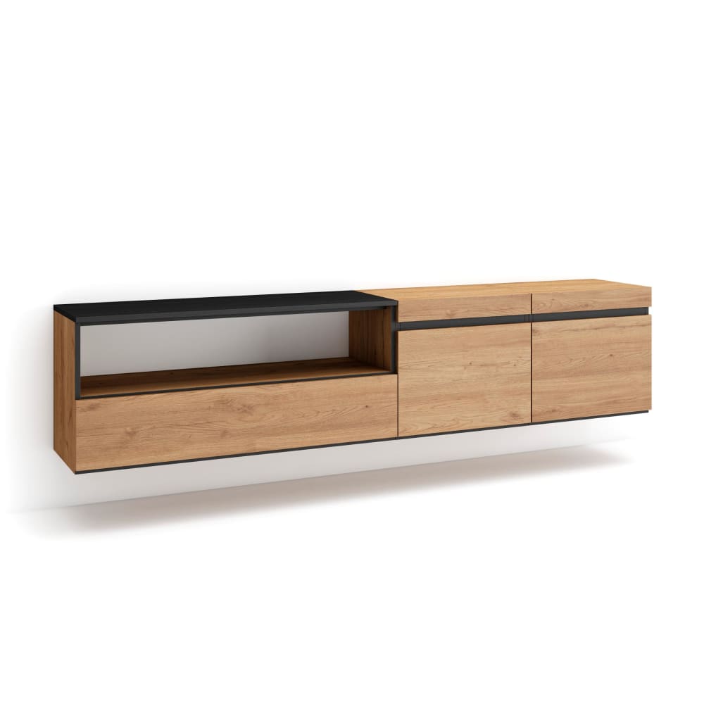 wohnli-moebel-suche-TV-Moebel-Holzeffekt-Haengend-200x35x45cm-Eiche-und-Schwarz Wohnli Möbelsuche - TV-Möbel Holzeffekt Hängend 200x35x45cm Eiche und Schwarz