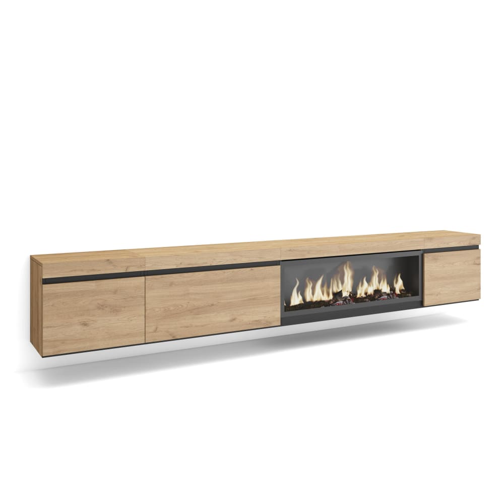 wohnli-moebel-suche-TV-Moebel-Holzeffekt-Kamin-mit-Feuereffekt-XXL-288x35x45cm-Eiche Wohnli Möbelsuche - TV-Möbel Holzeffekt Kamin mit Feuereffekt XXL 288x35x45cm Eiche