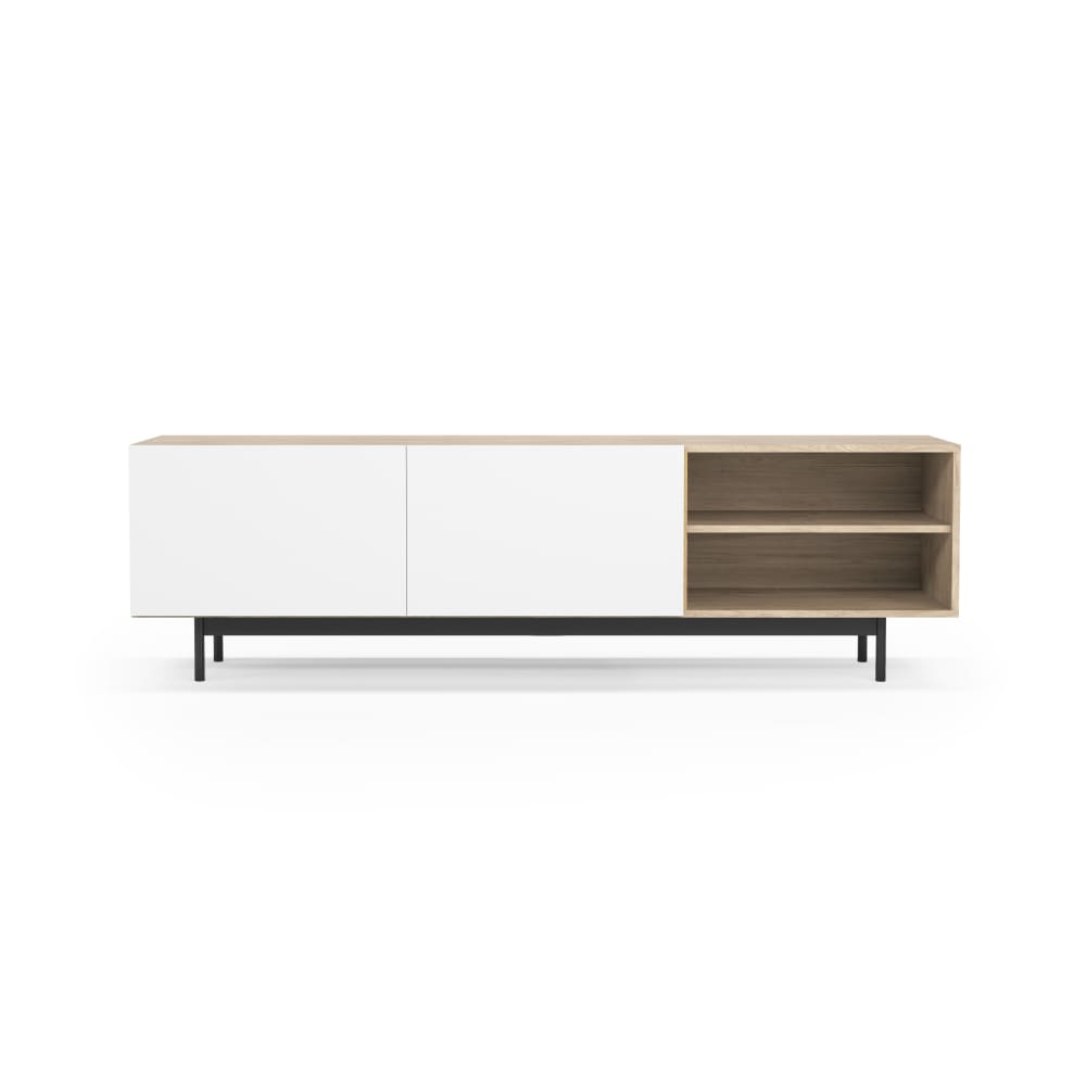 wohnli-moebel-suche-TV-Moebel-aus-Melamin-Hell-Eiche-und-Weiss-Fuesse-in-Graphit-52x180x44 Wohnli Möbelsuche - TV-Möbel aus Melamin Hell-Eiche und Weiß