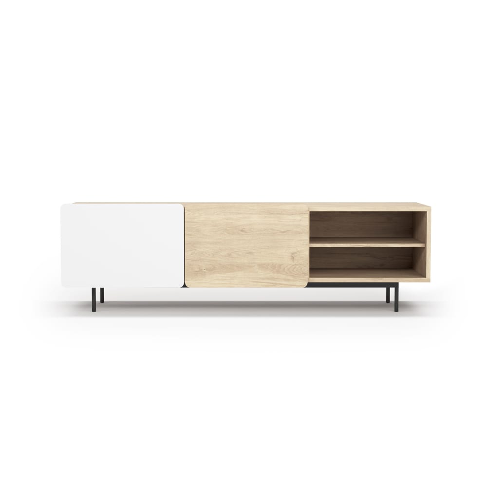 wohnli-moebel-suche-TV-Moebel-aus-Melamin-Hell-Eiche-und-Weiss-Fuesse-in-Graphit-54x180x44 Wohnli Möbelsuche - TV-Möbel aus Melamin Hell-Eiche und Weiß