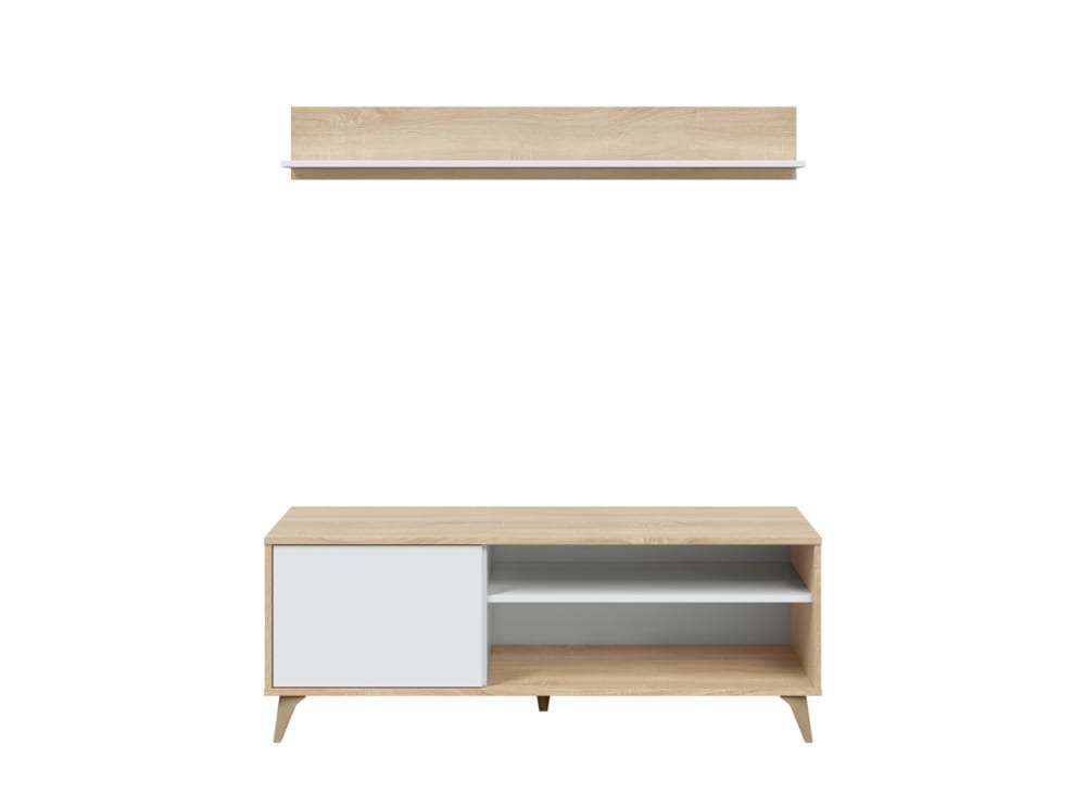 wohnli-moebel-suche-TV-Moebel-mit-2-Nischen-und-1-Tuer-mit-seinem-Wandregal-L135-cm-Weiss Wohnli Möbelsuche - TV-Möbel mit 2 Nischen und 1 Tür mit seinem Wandregal - L135 cm - Weiß