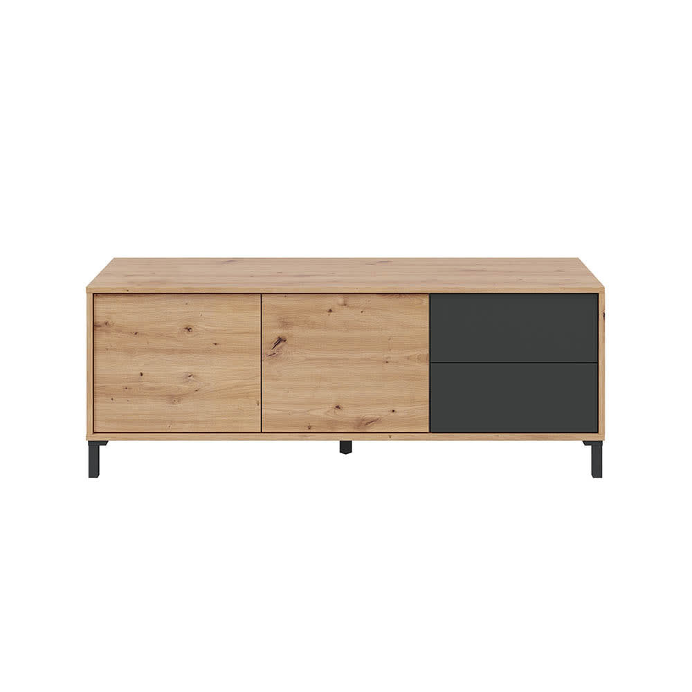 wohnli-moebel-suche-TV-Moebel-mit-2-Tueren-und-2-Schubladen-L130-cm-Dekor-Eiche-und-Grau Wohnli Möbelsuche - TV-Möbel mit 2 Türen und 2 Schubladen L130 cm - Dekor Eiche und Grau