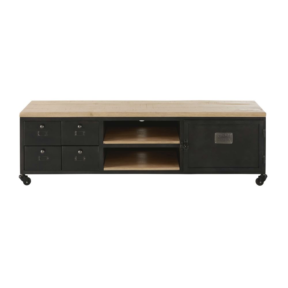 wohnli-moebel-suche-TV-Moebel-mit-Rollen-aus-Mangoholz-und-patiniertem-Metall-in-Used-Optik Wohnli Möbelsuche - TV-Möbel mit Rollen aus Mangoholz und patiniertem Metall in Used-Optik