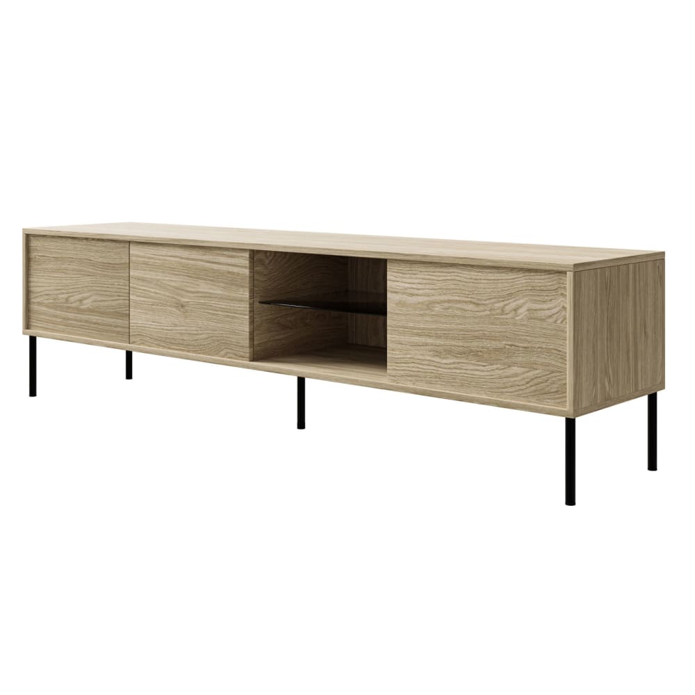 wohnli-moebel-suche-TV-Schrank-3-tuerig-mit-Glasregal-und-LED-175-cm-Holzoptik-Eiche Wohnli Möbelsuche - TV-Schrank 3-türig mit Glasregal und LED