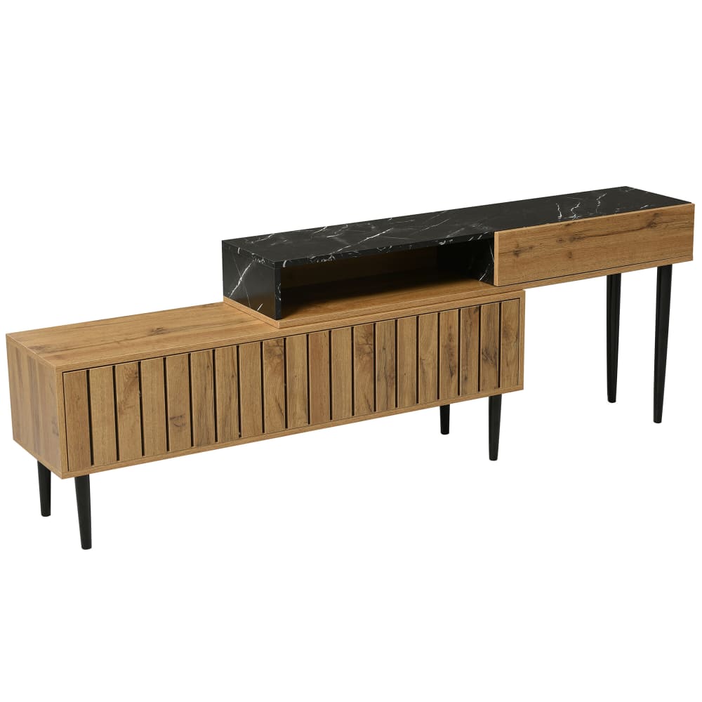 wohnli-moebel-suche-TV-Schrank-aus-Marmor-mit-PVC-Kante-und-Beinen-aus-dunklem-Holzeisen Wohnli Möbelsuche - TV-Schrank aus Marmor mit PVC-Kante und Beinen aus dunklem Holzeisen