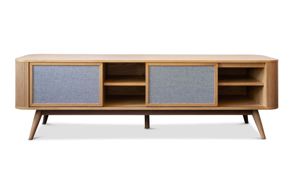 wohnli-moebel-suche-TV-Set-aus-hellbraunem-Leder-und-grauem-Stoff Wohnli Möbelsuche - TV-Set aus hellbraunem Leder und grauem Stoff