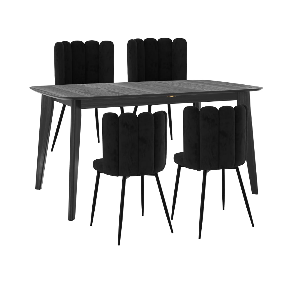 wohnli-moebel-suche-Tisch-und-Stuehle-fuer-4-Personen-aus-Samt-und-schwarzem-Holz Wohnli Möbelsuche - Tisch und Stühle für 4 Personen aus Samt und schwarzem Holz