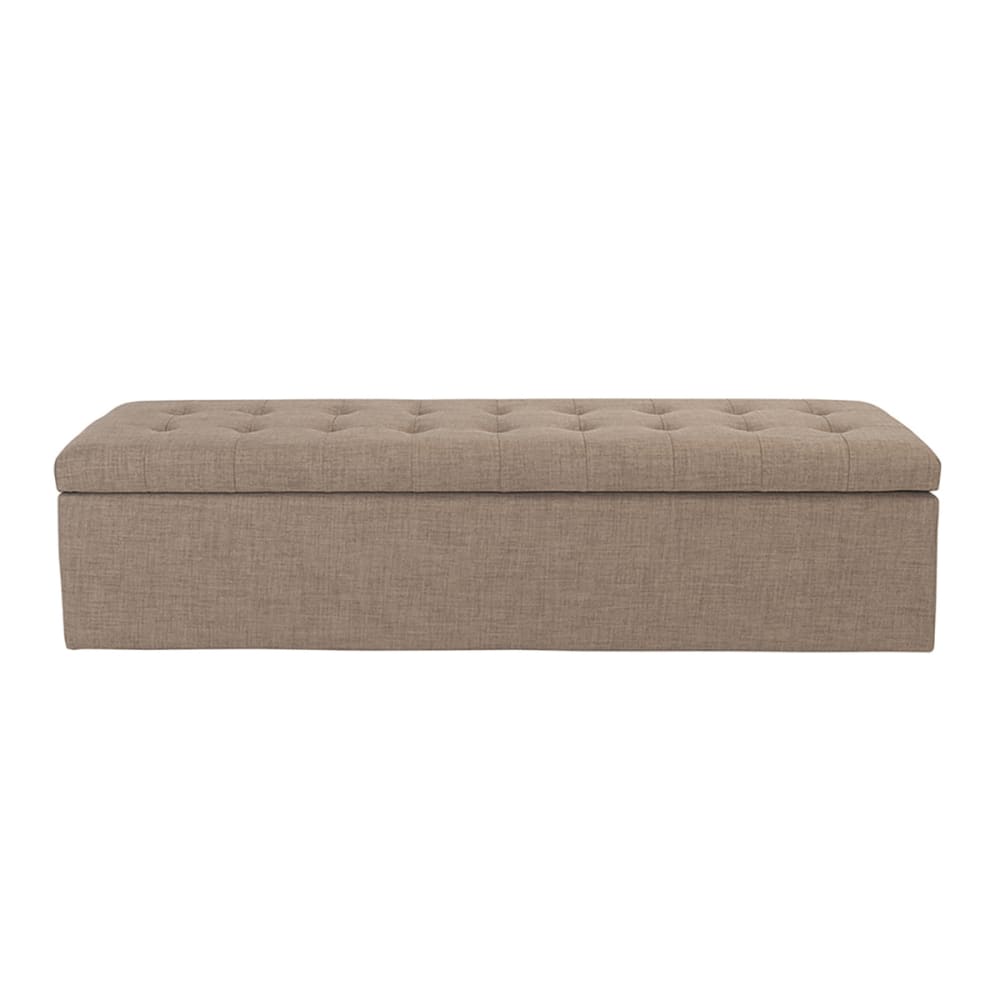 wohnli-moebel-suche-Truhenbank-aus-Holz-mit-taupefarbenem-Stoffbezug-L140-cm Wohnli Möbelsuche - Truhenbank aus Holz mit taupefarbenem Stoffbezug - L140 cm