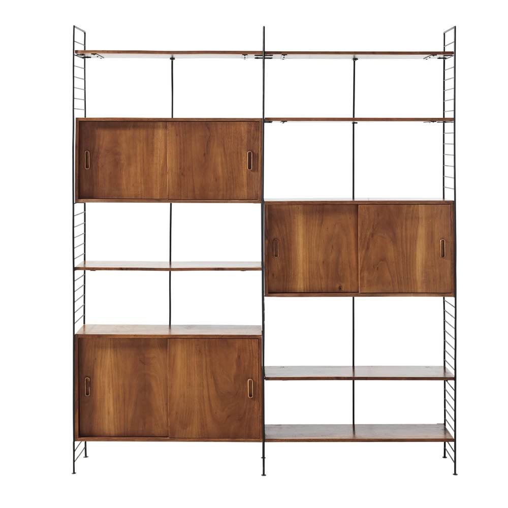 Wohnli Möbelsuche - Vintage-Regal mit 6 Türen aus schwarzem Metall und massivem Akazienholz