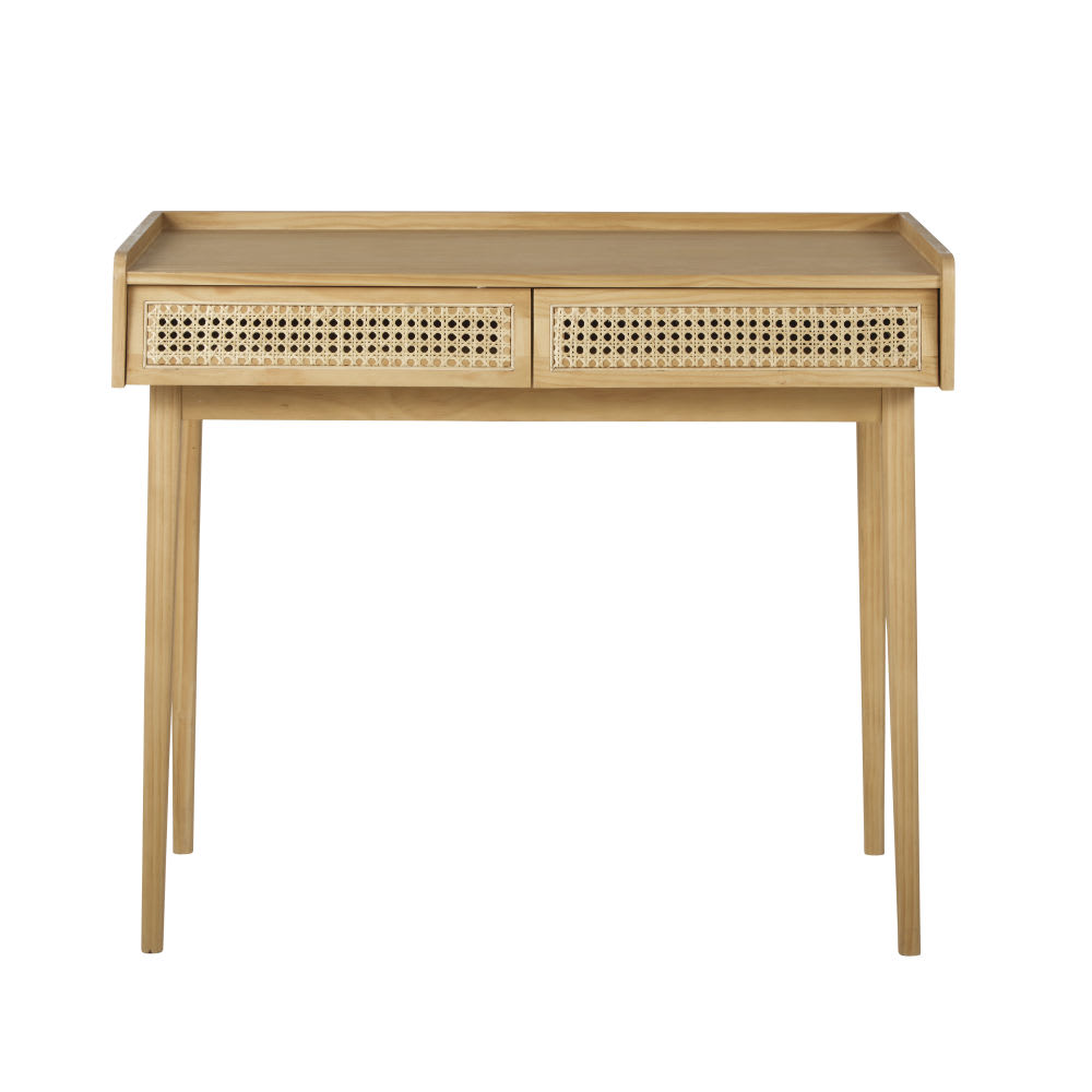 Wohnli Möbelsuche - Vintage-Schreibtisch mit 2 Schubladen aus Kiefernholz und Rattangeflecht