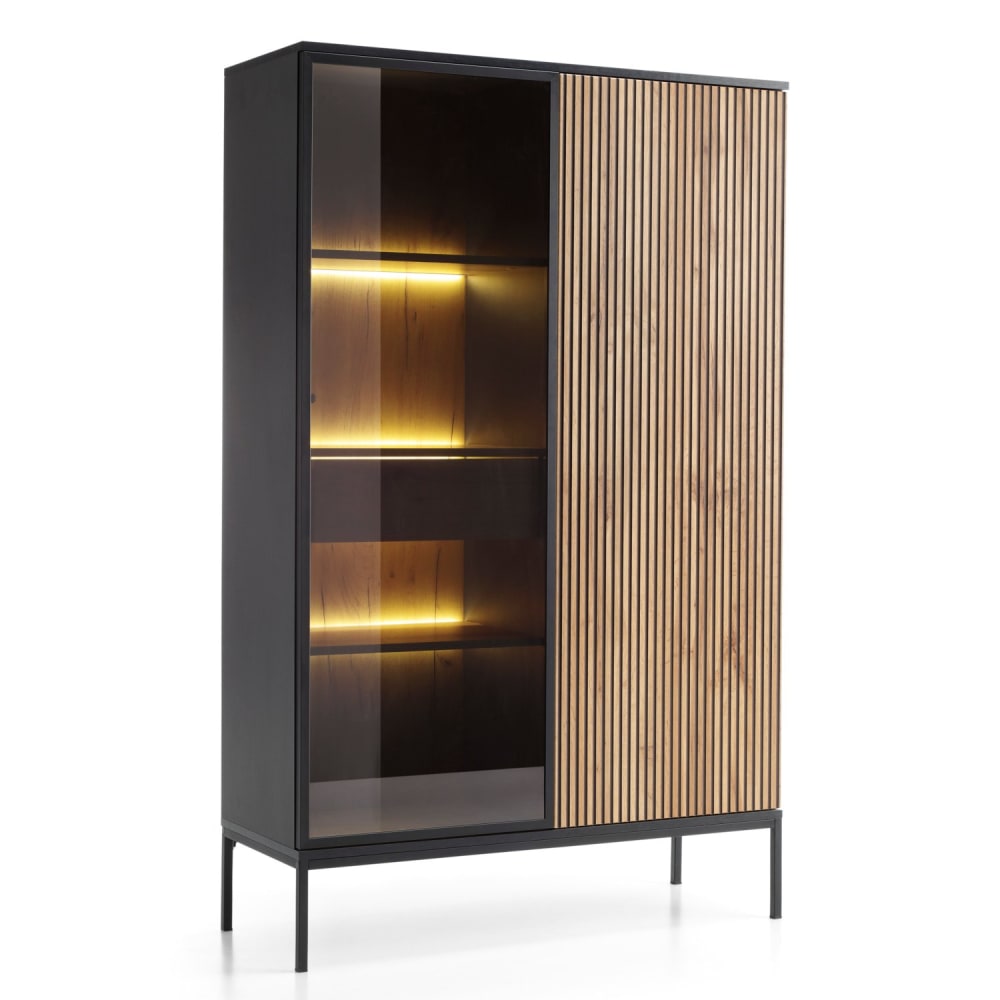 wohnli-moebel-suche-Vitrine-2-tuerig-mit-Schublade-und-LED-Schwarz-Wotan-Eiche Wohnli Möbelsuche - Vitrine 2-türig mit Schublade und LED