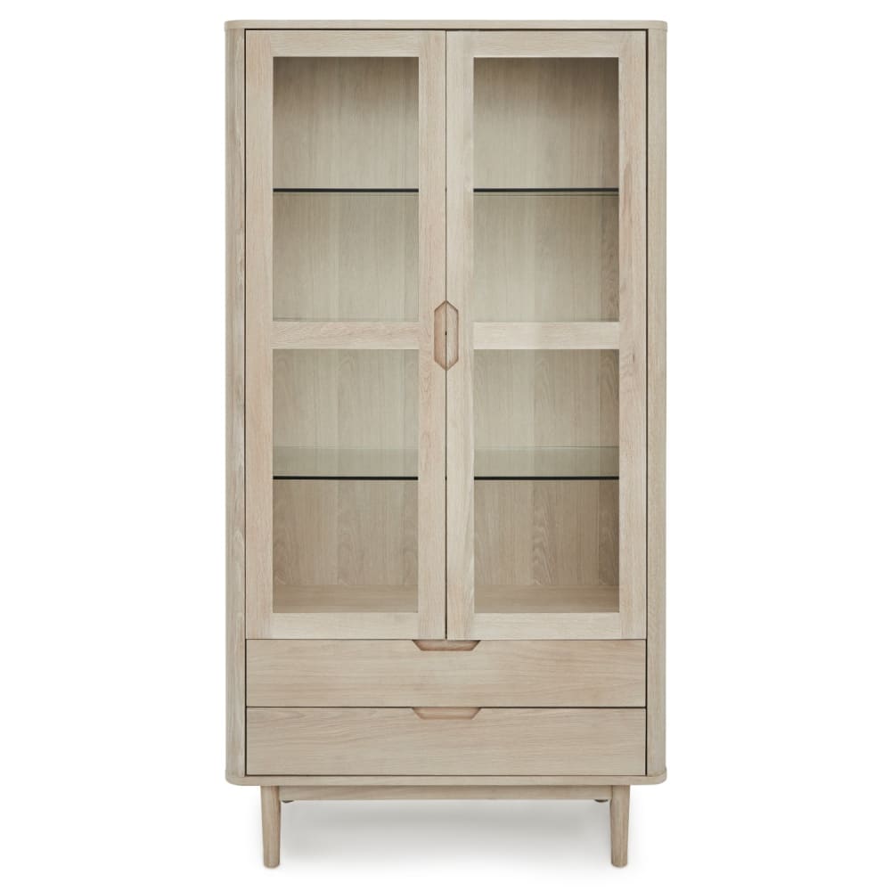 Wohnli Möbelsuche - Vitrine mit 2 Türen 2 Schubladen aus Massiveiche Eichefarben