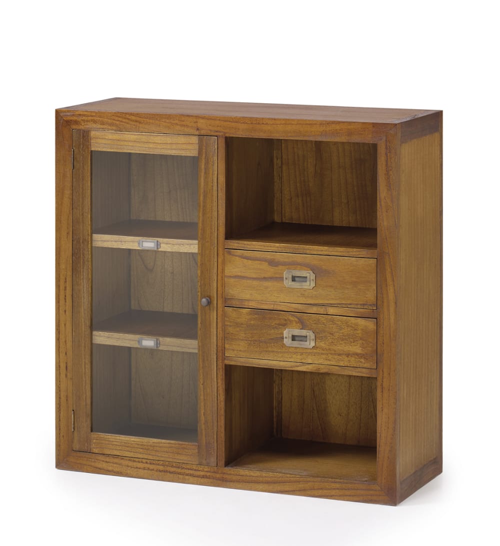 wohnli-moebel-suche-Vitrine-mit-Glastuer-und-2-Schubladen-aus-Holz-L-90-cm-braun Wohnli Möbelsuche - Vitrine mit Glastür und 2 Schubladen aus Holz