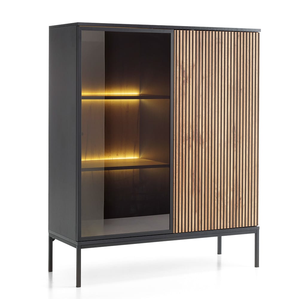 wohnli-moebel-suche-Vitrine-mit-LED-aus-Holz-104x39x126cm-schwarz-Wotan-Eiche Wohnli Möbelsuche - Vitrine mit LED aus Holz