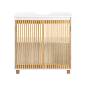 Wohnli Möbelsuche - Waschbeckenunterschrank Badschrank aus MDF und Bambus Weiß-Natur