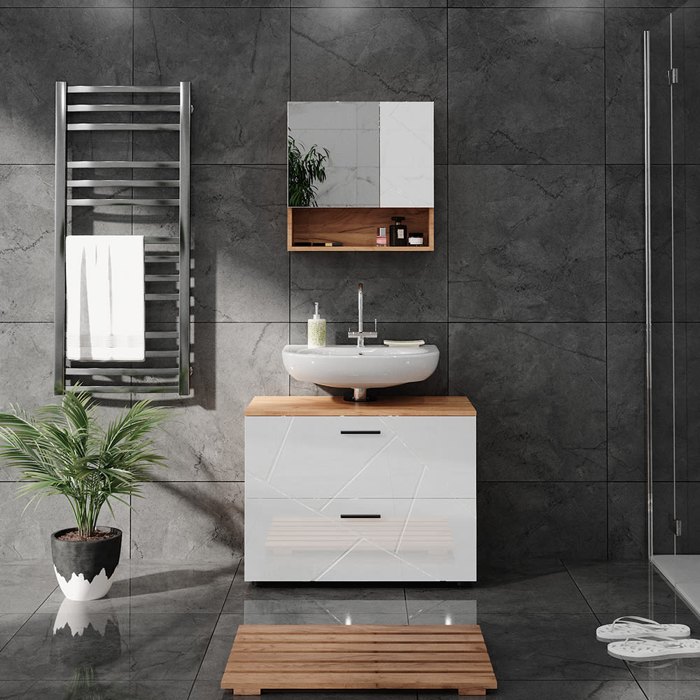 Weiß Hochglanz/Goldkraft Eiche 80 x 58.6cm