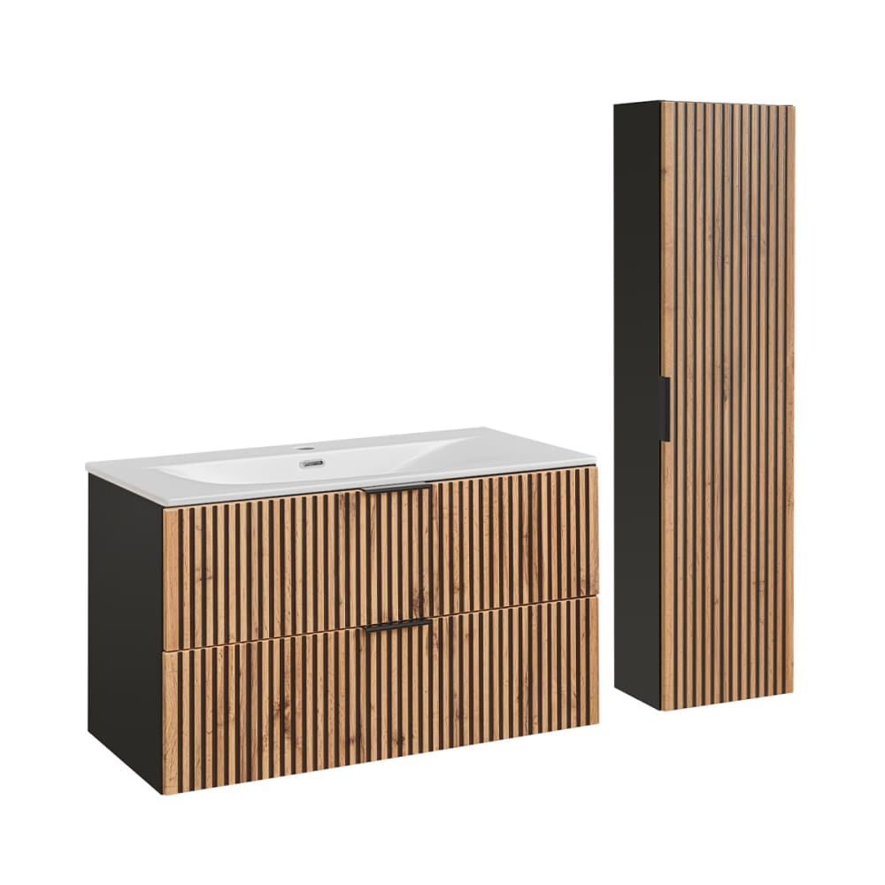 wohnli-moebel-suche-Waschtisch-und-Haengesaeule-2-Schubladen-Eichenoptik-und-Schwarz-100cm Wohnli Möbelsuche - Waschtisch und Hängesäule 2 Schubladen