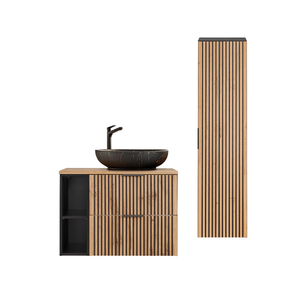 wohnli-moebel-suche-Waschtisch-und-Haengesaeule-2-Schubladen-Eichenoptik-und-Schwarz-80cm Wohnli Möbelsuche - Waschtisch und Hängesäule 2 Schubladen