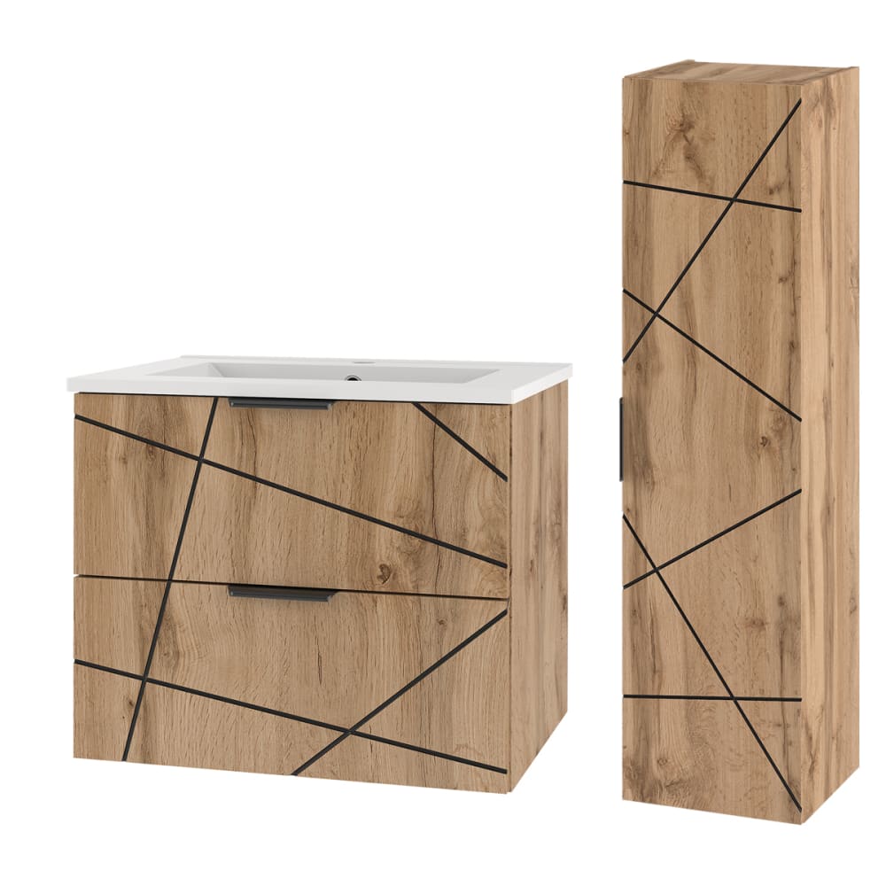 wohnli-moebel-suche-Waschtisch-und-Haengesaeule-2-Schubladen-Holzoptik-60cm Wohnli Möbelsuche - Waschtisch und Hängesäule 2 Schubladen