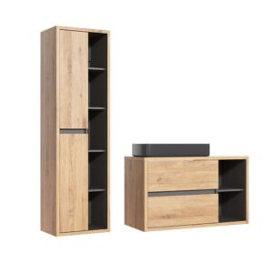 wohnli-moebel-suche-Waschtisch-und-Haengesaeule-2-Schubladen-Holzoptik-und-Anthrazit-100cm Wohnli Möbelsuche - Waschtisch und Hängesäule 2 Schubladen