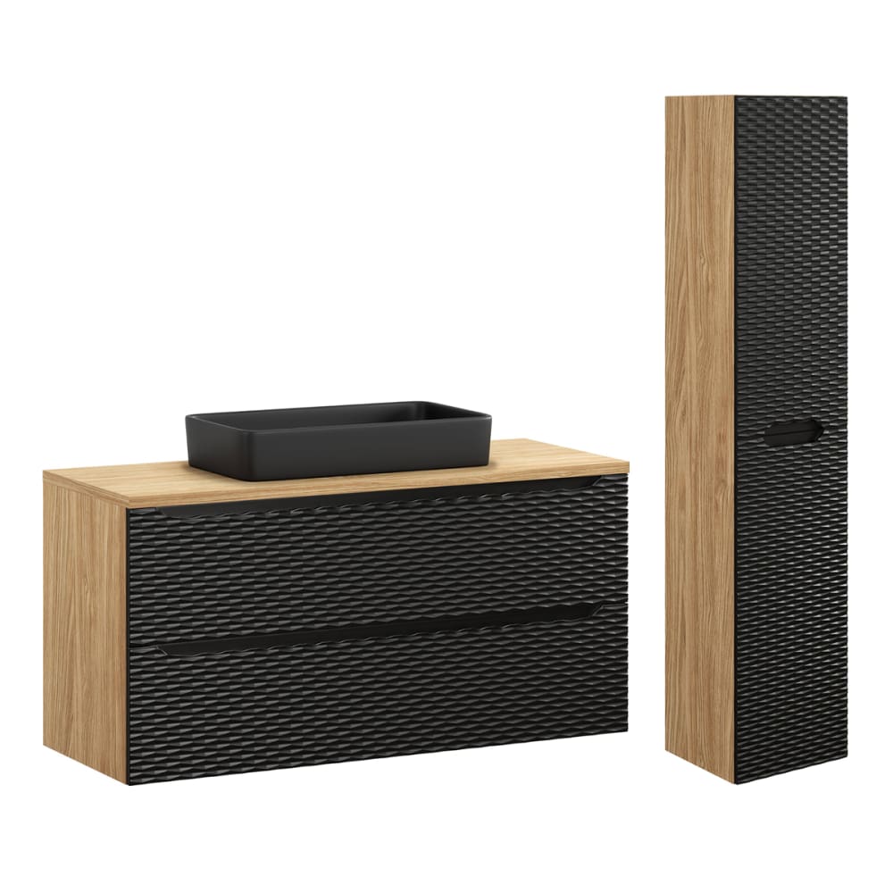 wohnli-moebel-suche-Waschtisch-und-Haengesaeule-2-Schubladen-Schwarz-und-Holzoptik-120cm Wohnli Möbelsuche - Waschtisch und Hängesäule 2 Schubladen