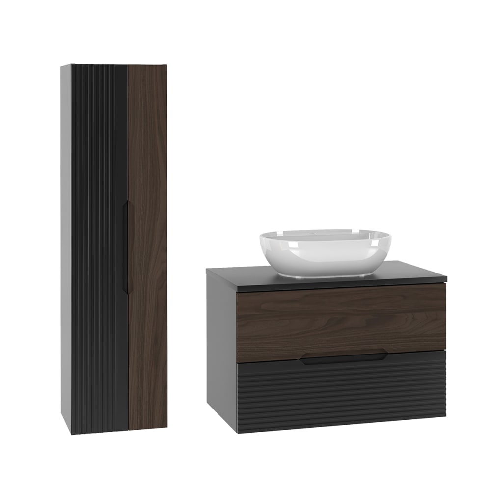 wohnli-moebel-suche-Waschtisch-und-Haengesaeule-2-Schubladen-Schwarz-und-Holzoptik-80.6cm Wohnli Möbelsuche - Waschtisch und Hängesäule 2 Schubladen