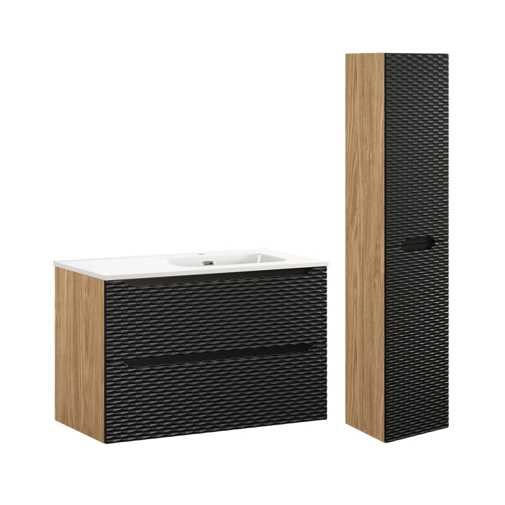 wohnli-moebel-suche-Waschtisch-und-Haengesaeule-2-Schubladen-Schwarz-und-Holzoptik-90cm Wohnli Möbelsuche - Waschtisch und Hängesäule 2 Schubladen