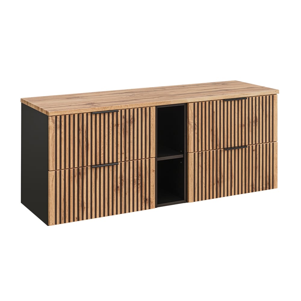 wohnli-moebel-suche-Waschtischunterschrank-4-Schubladen-Eichenoptik-und-Schwarz-140cm Wohnli Möbelsuche - Waschtischunterschrank 4 Schubladen