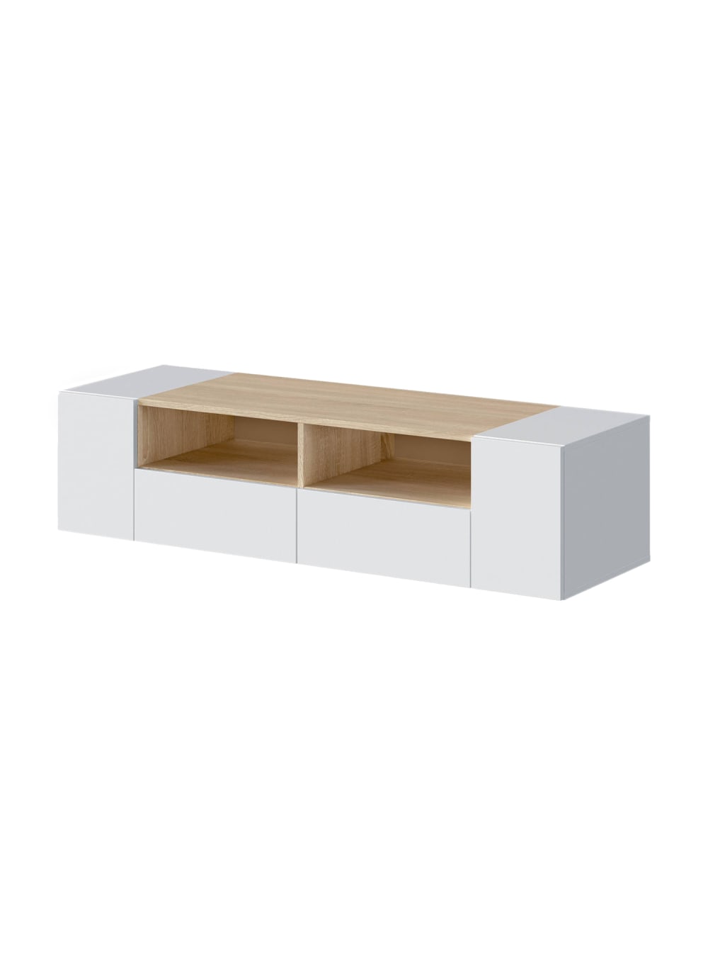 wohnli-moebel-suche-Weisser-TV-Staender-in-Holzoptik-Eiche-138x42h36-cm Wohnli Möbelsuche - Weißer TV-Ständer in Holzoptik