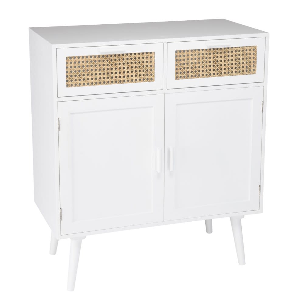 wohnli-moebel-suche-Weisses-Sideboard-mit-2-Tueren-2-Schubladen-natuerliches-Rohrgeflecht Wohnli Möbelsuche - Weißes Sideboard mit 2 Türen