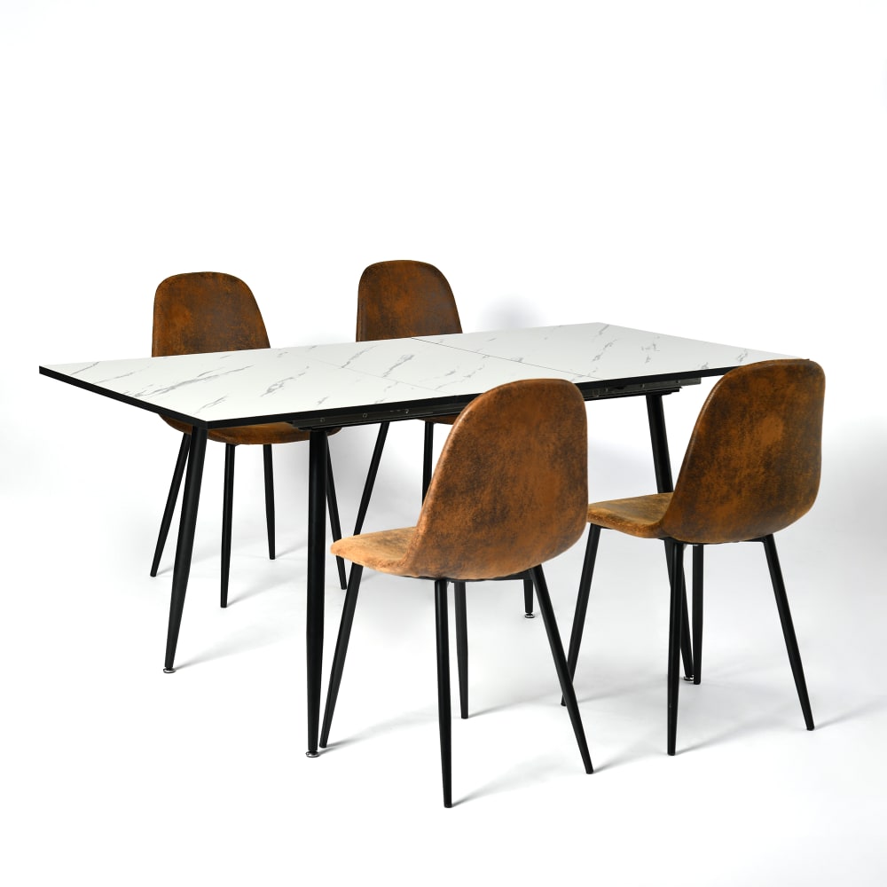 wohnli-moebel-suche-Weisses-ausziehbares-Tischset-120-160-und-4-braune-Stuehle Wohnli Möbelsuche - Weißes ausziehbares Tischset 120-160 und 4 braune Stühle